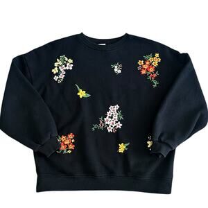 ZARA Girls Black Sweatshirt with Embroidered Flowers Size 11-12y